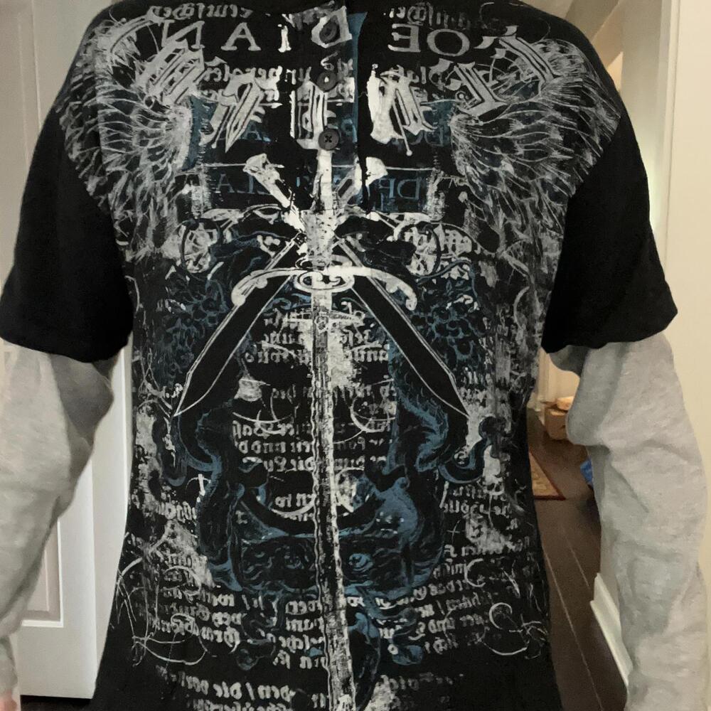 (L) Vintage 90s Y2K Affliction STYLE Double Layered Graphic T-Shirt Cyber Grunge - Picture 2 of 2